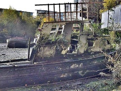 Picture decaying remains of boat on the Thames in Brentford