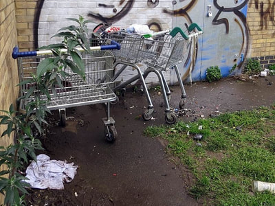 shopping trolleys abandoned by the Canning Town Flyover by Bow Creek