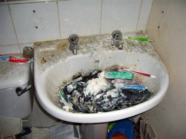 Picture of bathroom sink with decaying debris in derelict house