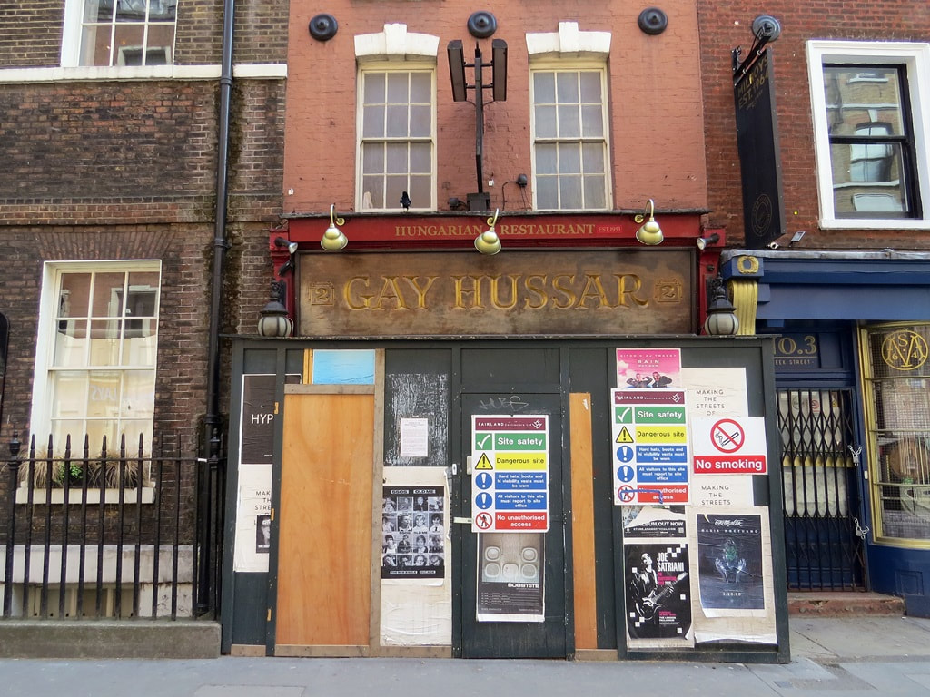 The closed down boarded up Gay Hussar restaurant in Greek St, Soho