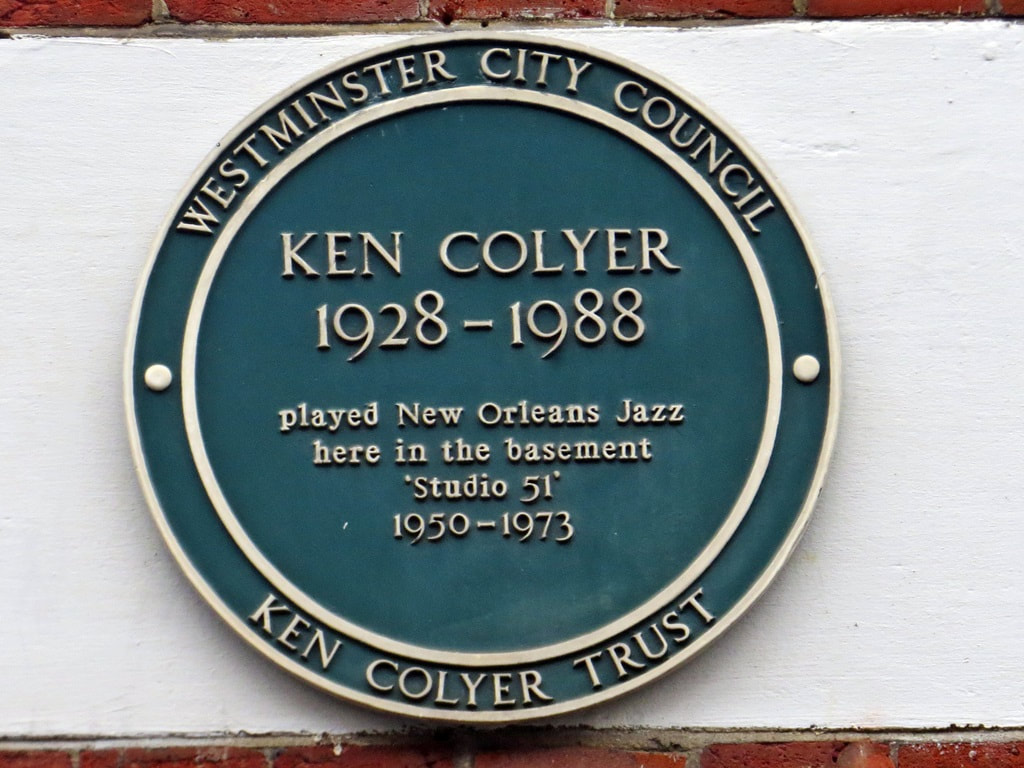 Ken Coyler Jazz Club plaque at 10 Great Newport St, WC2 on London's Lost Music Venues of Soho Guided Walking Tour with Author Paul Talling