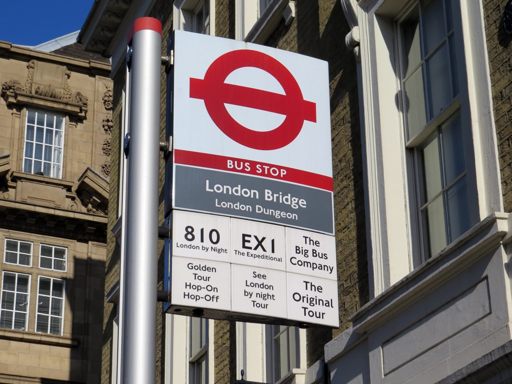 Bus stop sign for London Bridge London Dungeon on Tooley Street
