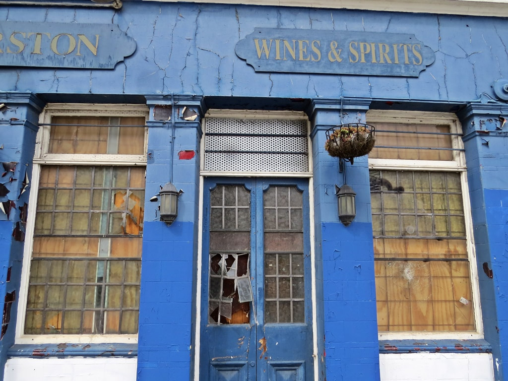 Wines and Spirits sign on abandoned Lord Palmerston pub in South London