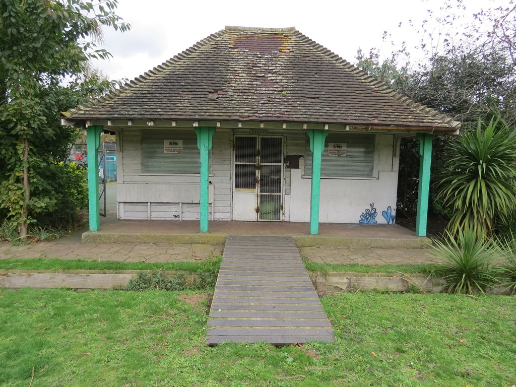 Derelict hut on disused bowling green in one of Derelict London's Lost Sports Grounds