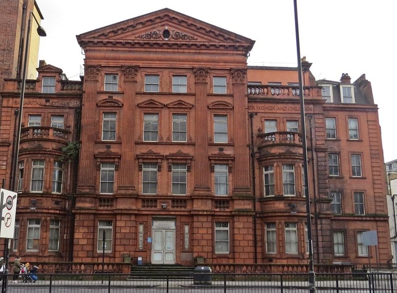 Red brick and terracotta empty Samaritan Hospital for Women Marylebone Road, NW1  still owned by the NHS