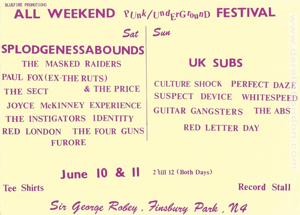 UK Subs, Culture Shock, Guitar Gangsters, Paul Fox, Red London. Punk weekender flyer for Sir George Robey, Seven Sisters Road, Finsbury Park, London
