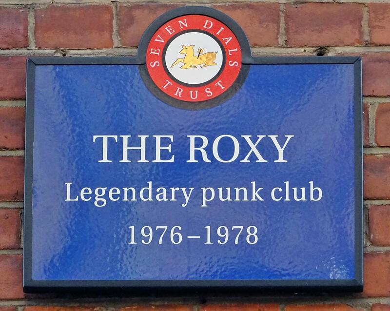 The Roxy punk club plaque in Neal Street on London's Lost Music Venues of Covent Garden Guided Walking Tour with Author Paul Talling