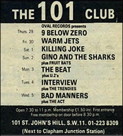 London's lost Music Venues. Killing Joke, Bad Manners and The Beat at the 101 Club near Clapham Junction Station