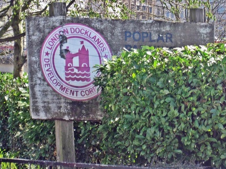 London Docklands Development Corporation (LDDC) sign in Poplar near entrance to Isle of Dogs