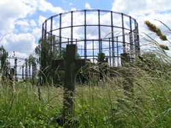 Kensal Green Cemetery overshadowed by a gasometer