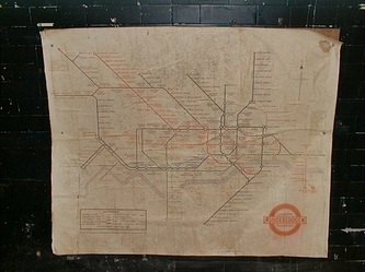 Vintage London Underground map on platform wall inside disused Aldwych Underground Station