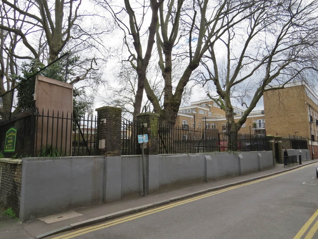 Finsbury - St Bartholomews Hospital Burial Ground. This was used for the internment of unclaimed bodies at the hospital. The raised site is now a playground.