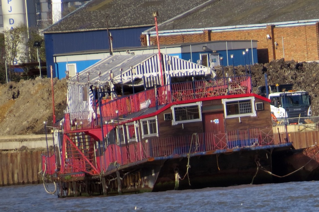 Picture The  closed down and now disused London Regalia, a floating pub was once moored at Swan Pier, on the North bank of the Thames between Cannon Street Railway Bridge and London Bridge. Now moored up near the cablecar Emerates Airline on the Newham side of the Thames