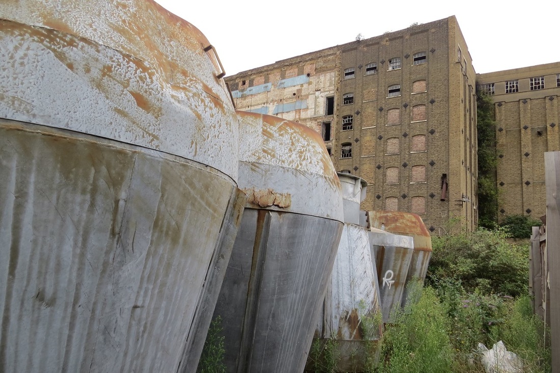 Picture inside the grounds of the derelict Newham Rank Hovis Mill which is located across the Royal Victoria Dock from Excel