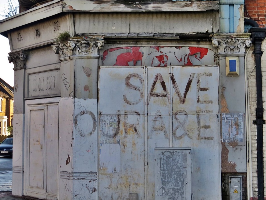 Save Our A & E grafitti on an abandoned building in Catford, London Borough of Lewisham