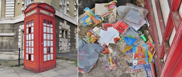 Clerkenwell EC1 - The Continued Decline of the Public Telephone Box strewn with prostitute calling cards and other litter