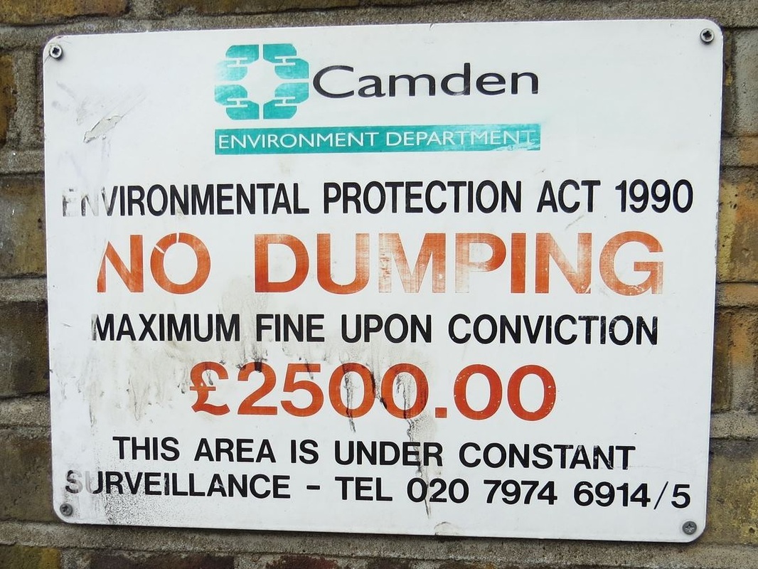 Camden Environmental Department sign warning of fines for dumping offences