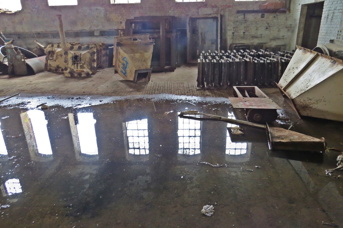 Picture of reflection on water inside the decaying Rank Hovis Mill by Royal Victoria Dock