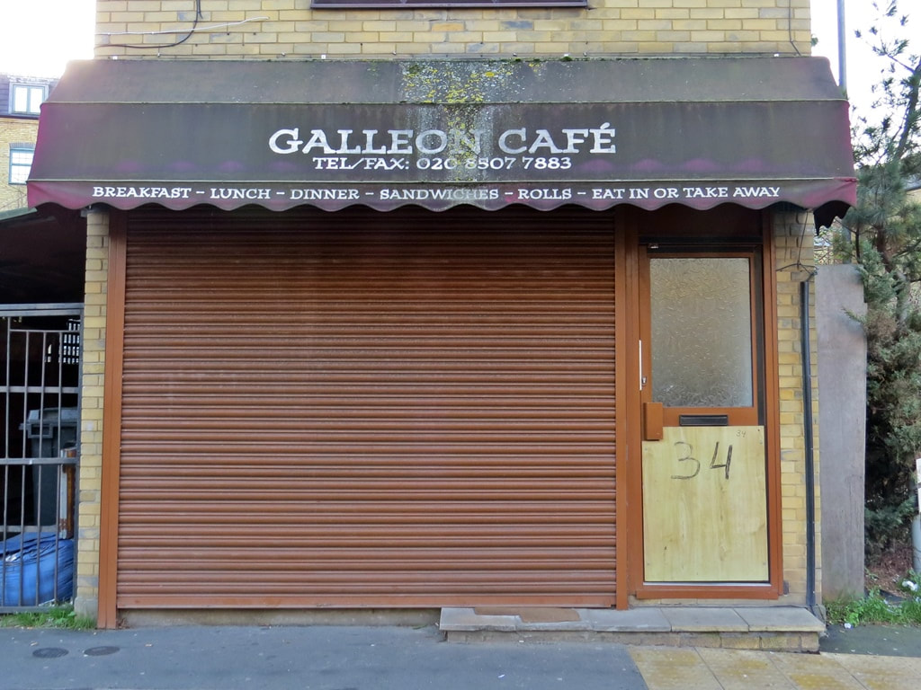 Closed down and shuttered Galleon Cafe, Barking with mouldy canopy