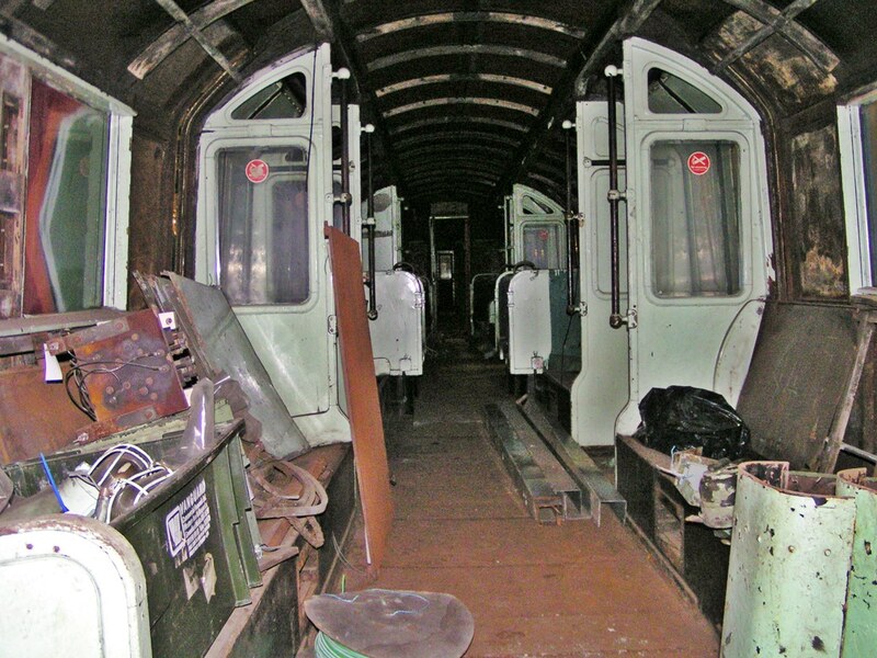  Gutted interior on disused tube train at London Transport Museum Depot at Acton 