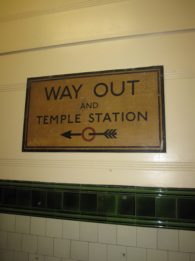 Way out and Temple station sign inside disused Aldwych Underground Station