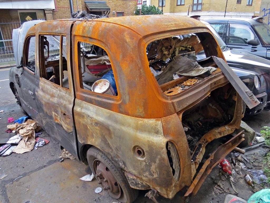 Burnt out Hackney Carriages (aka Black Cabs or London taxis)