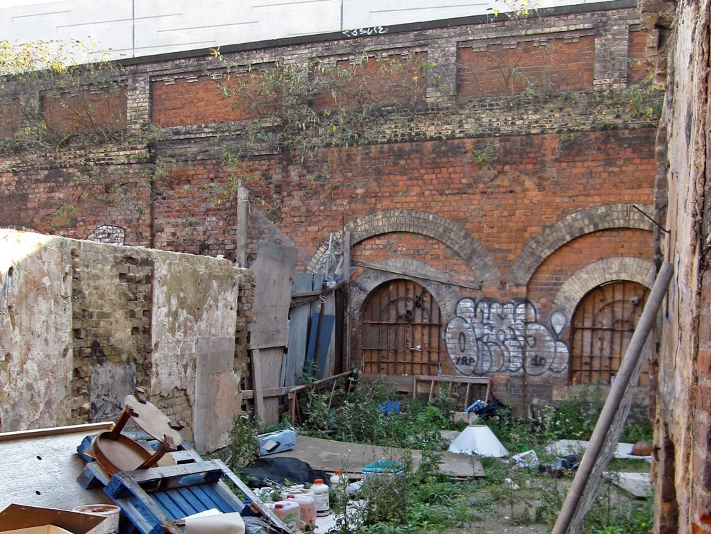 Disused railway lands and brick arches in Sclater Street in Shoreditch