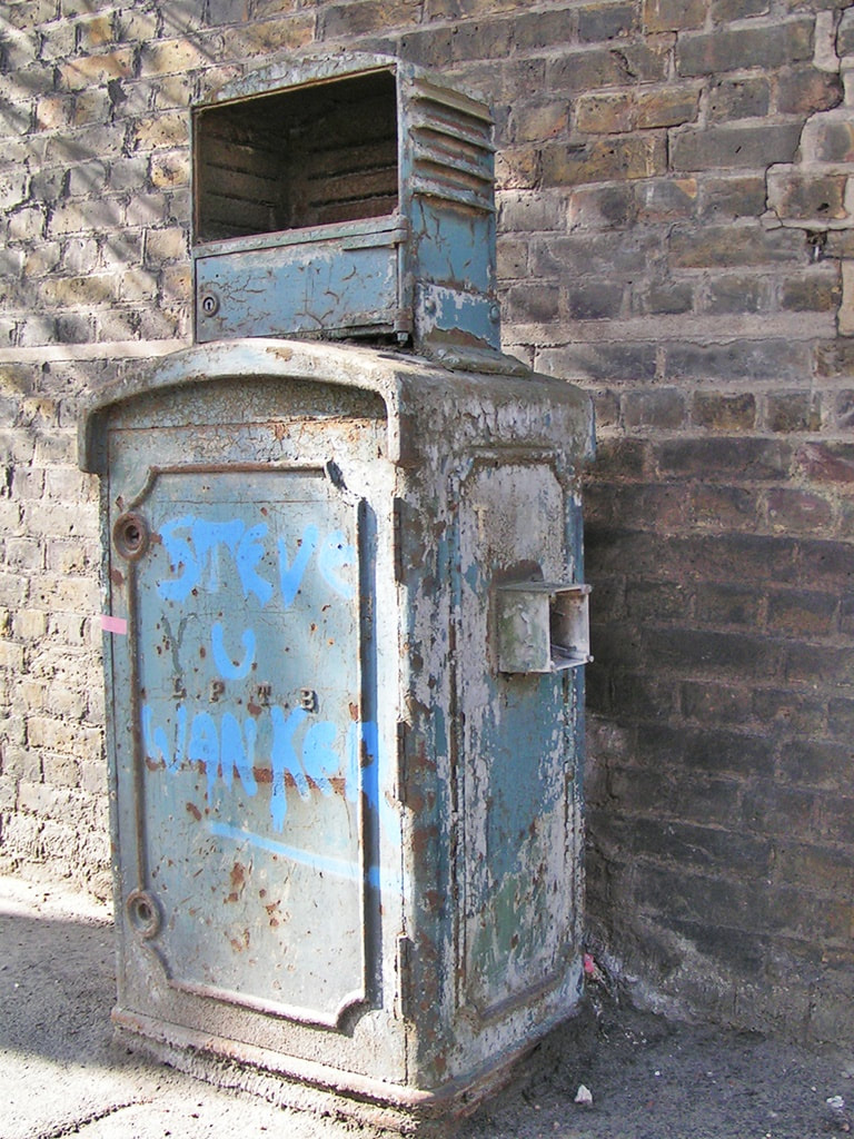 Disused tramway telephone cabinet of  London Passenger Transport Board on Blackwall Southern Approach in North Greenwich