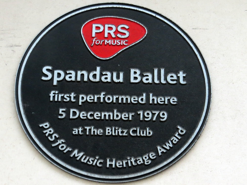 Spandau Ballet plaque at Blitz Club at 4 Great Queen St,in London's Lost Music Venues of Soho Guided Walking Tour with Author Paul Talling