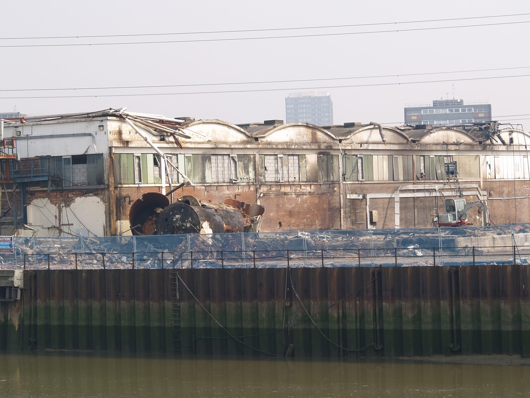 The demolition of the Pura Vegetable Oil factory on the Bow Creek, the tidal part of the River Lea.