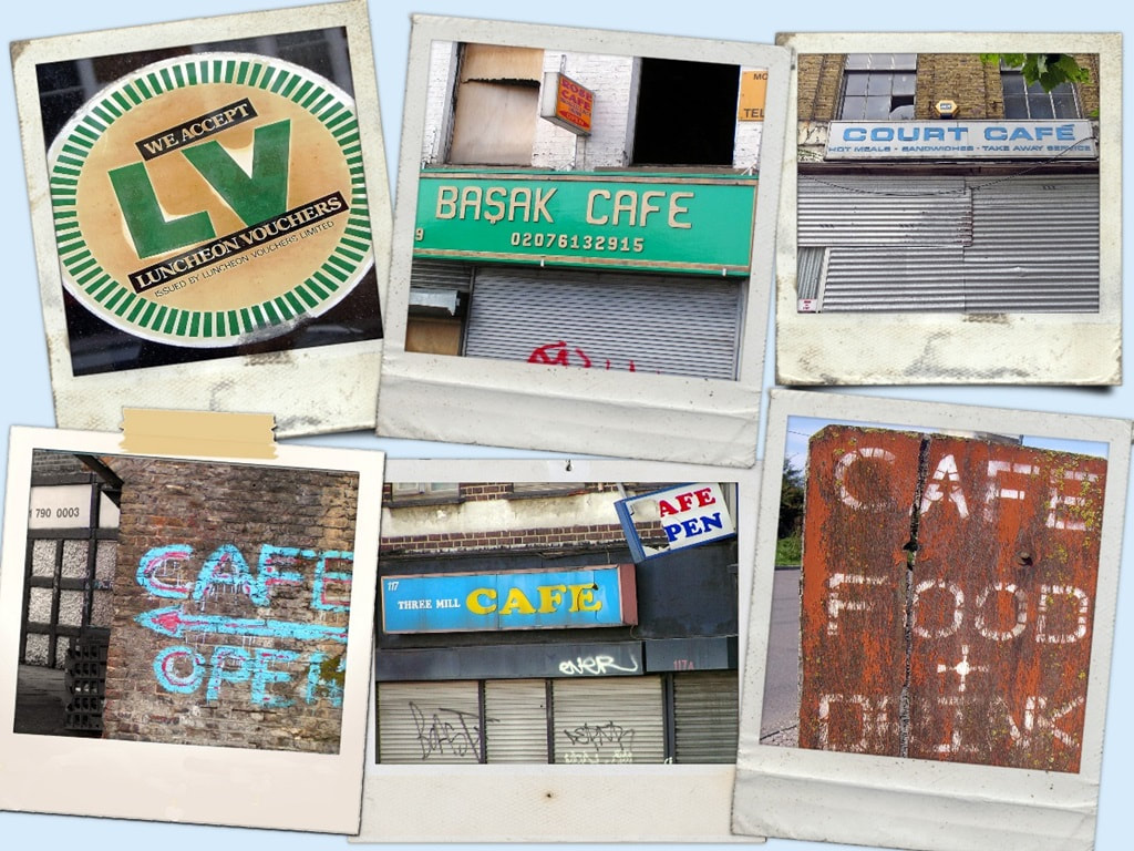 Collage of London's lost breakfast cafes signs and luncheon voucher sticker in window