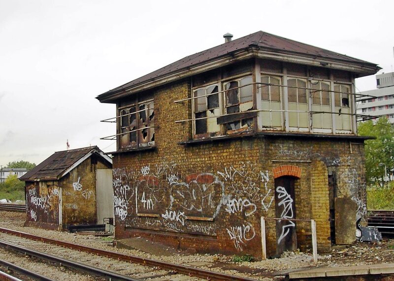 Vandalised signal box Battersea, London near Clapham Junction.