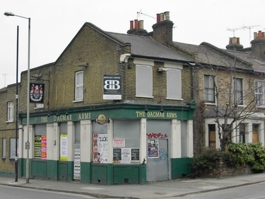 The Dagmar Arms derelict pub on Danesdale Road, Hackney now E & E Food & Wine