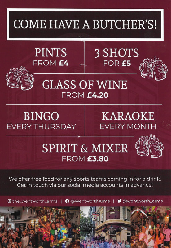 Flyer for the Wentworth Arms, an old school boozer in Mile End advertising bingo, karaoke and cheap drinks