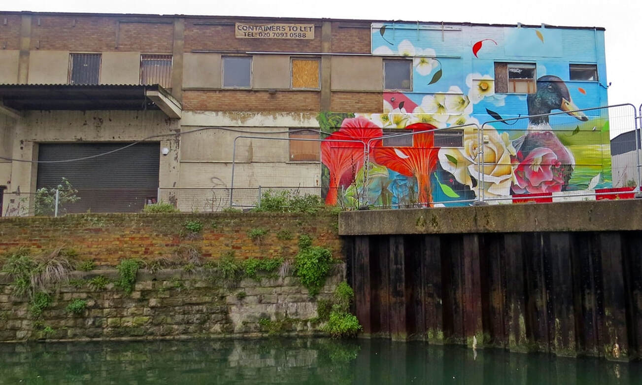 Picture of abandoned warehouse with mother nature street art beside the Limehouse Cut in Bromley by Bow