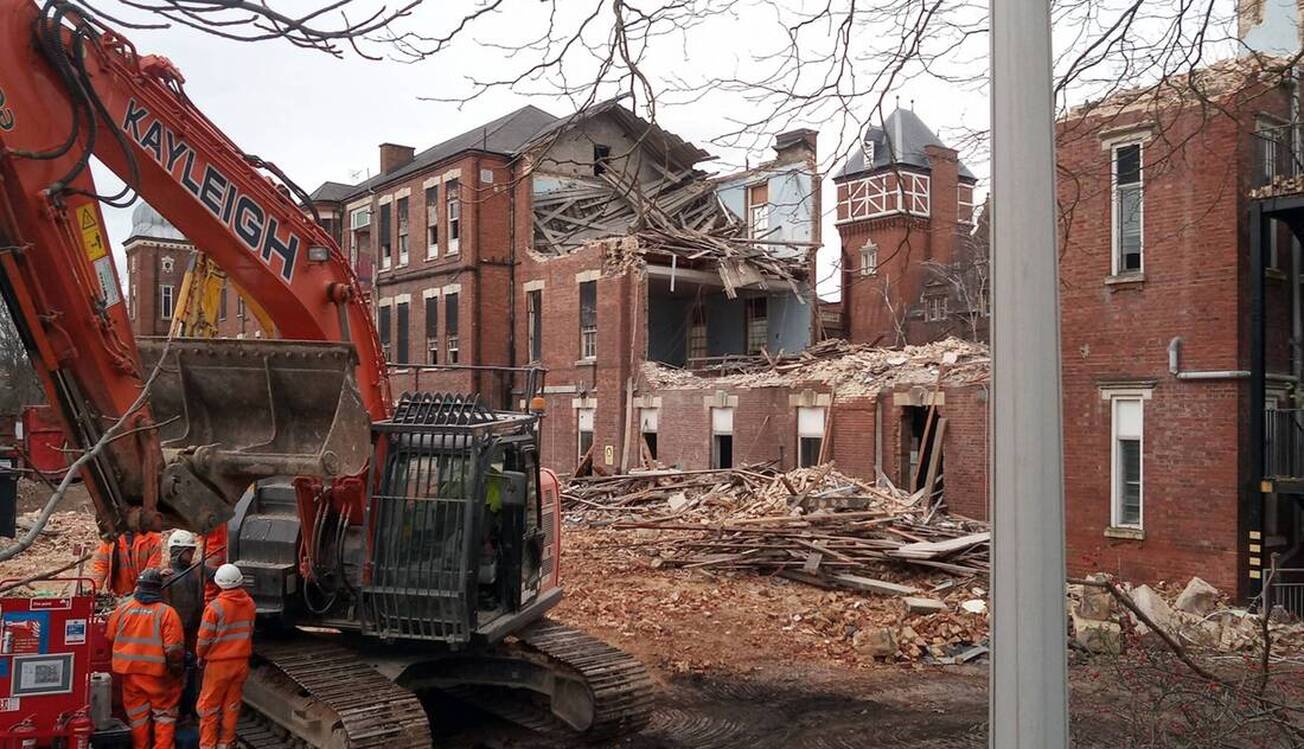 Demolition of Victorian red brick hospital blocks in South London