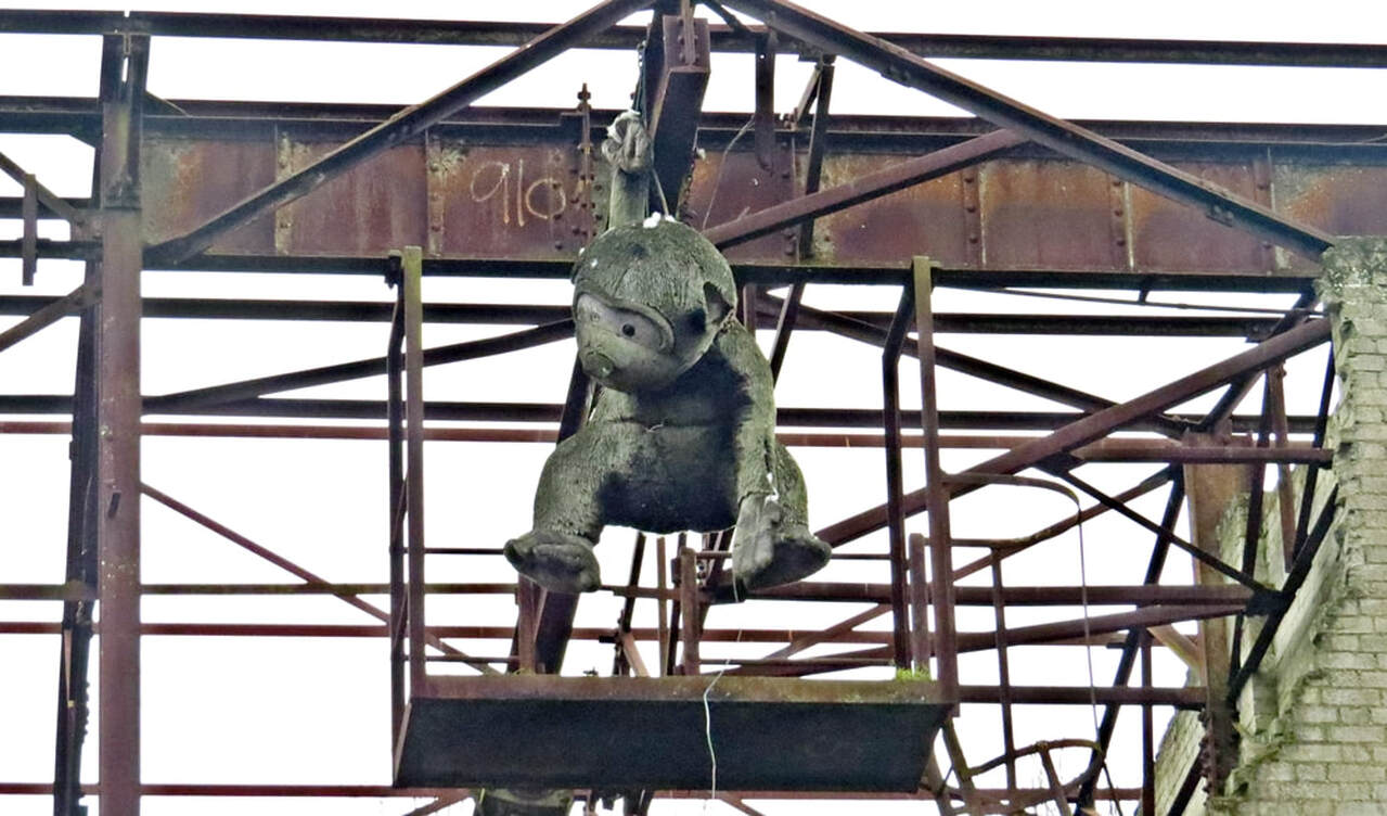 Hanging large cuddly monkey at ​Harefield Chalk Quarry Works  Harefield, UB9