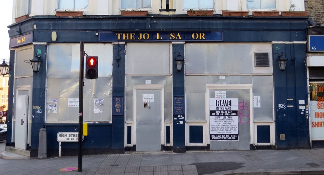 The boarded up closed down Jolly Sailor pub in South Norwood, SE25