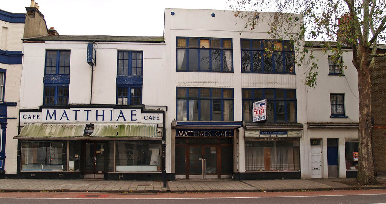 Derelict blue and white art deco Matthiae Cafe on Kew Road