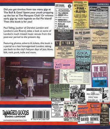 Back cover of Paul Talling's London's Lost Music Venues book showing the Marquee in Wardour Street and adverts for the Croydon Greyhound, Vortex, Nashville, etc