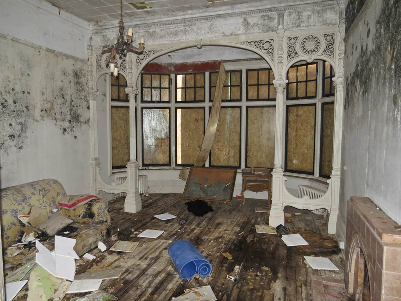 Grand interior of North Dene in Beckenham, empty for many years.