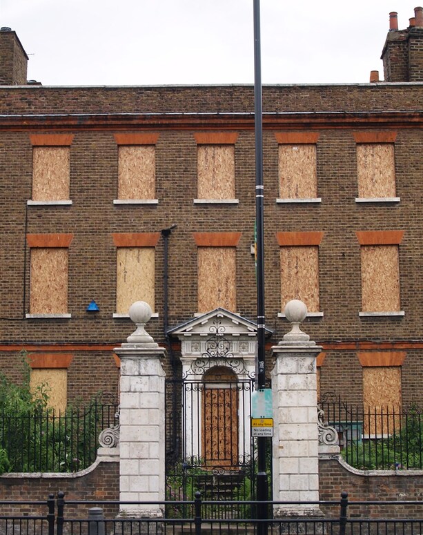 The derelict Percy House on Northumberland Terrace in Tottenham