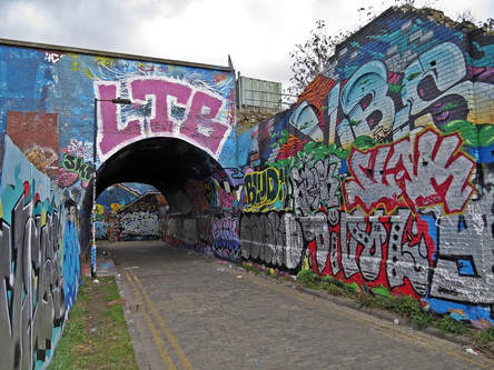 Graffiti covered Pedley Street Arch are the remains of the old viaduct into Bishopsgate Goods Yard.