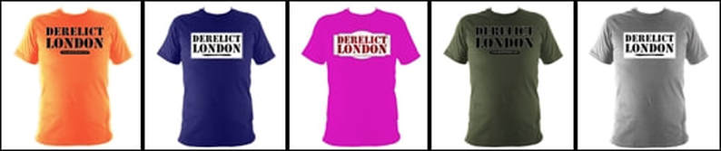 Derelict London T shirts offered in various designs ans colours by www.dirtytees.red 