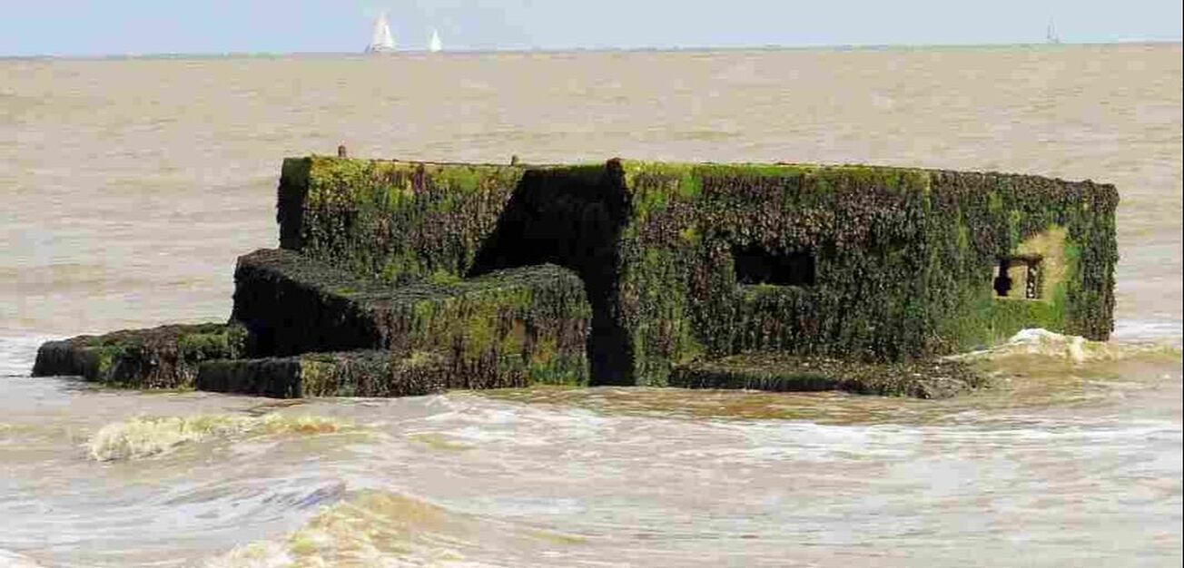 Due to the cliff erosion, tow of the pillboxes have fallen into the sea at Walton-on-the-Naze