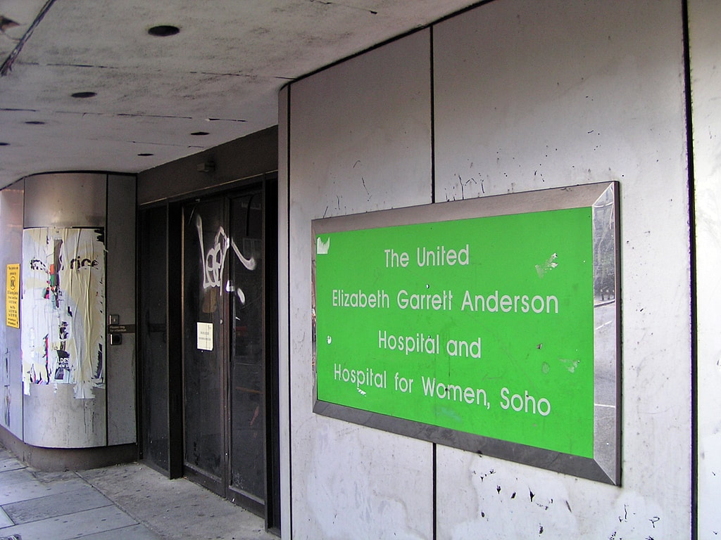 Derelict entrance to United Elizabeth Garrett Anderson Hospital and Hospital for Women, Soho in Euston