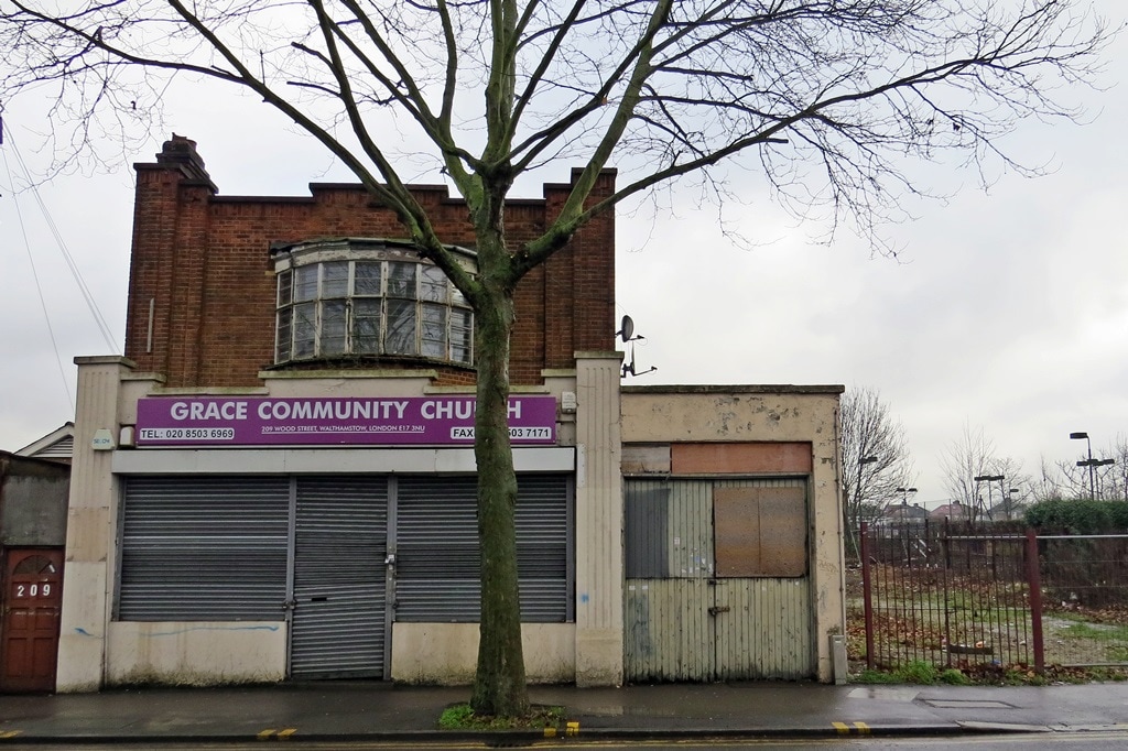 Vacant and derelict site of Grace Community Church,Wood Street, Walthamstow, E17 formerly a factory and scout hall. Proposals for redevelopment into flats