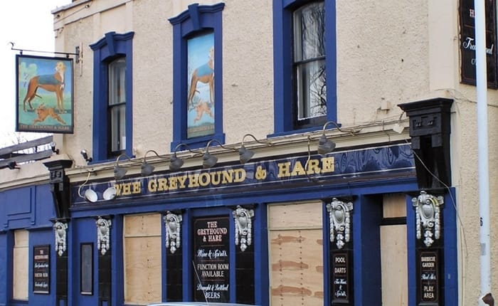 The boarded up Greyhound & Hare pub in Balaam Street, Plaistow now Kate's Cafe