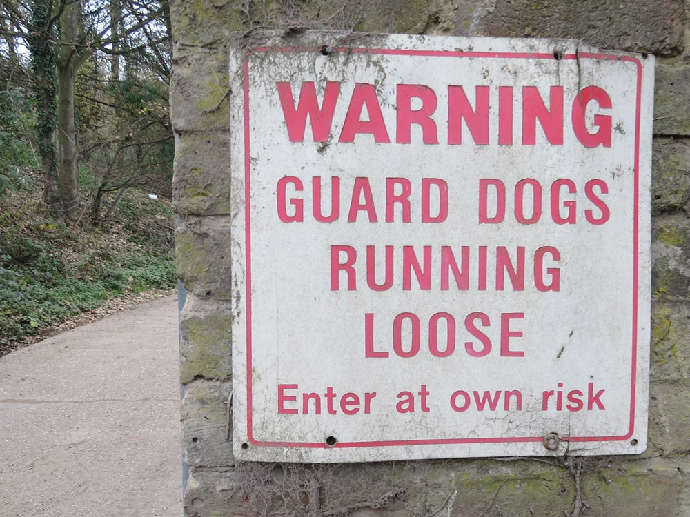 Warning sign of guard dogs running loose. enter at own risk.