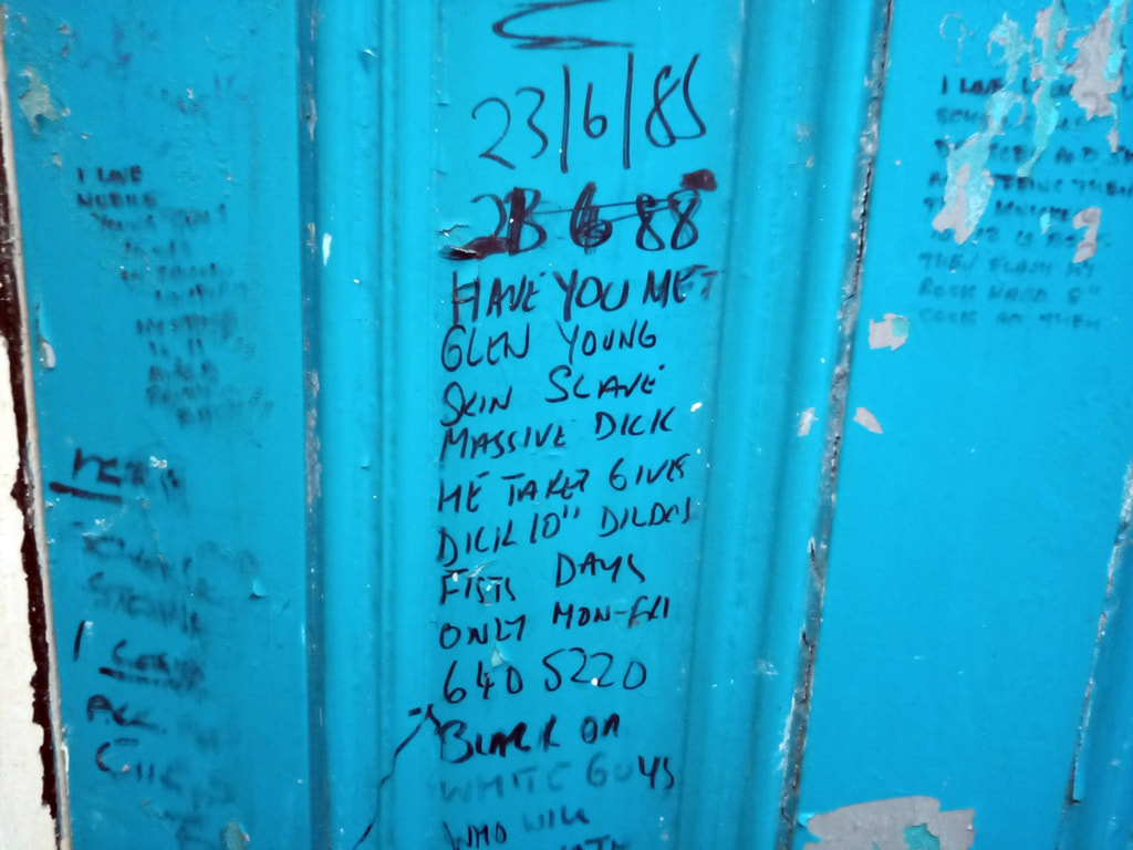 The cubicle doors of these derelict public toilets show some interesting 1980s graffiti